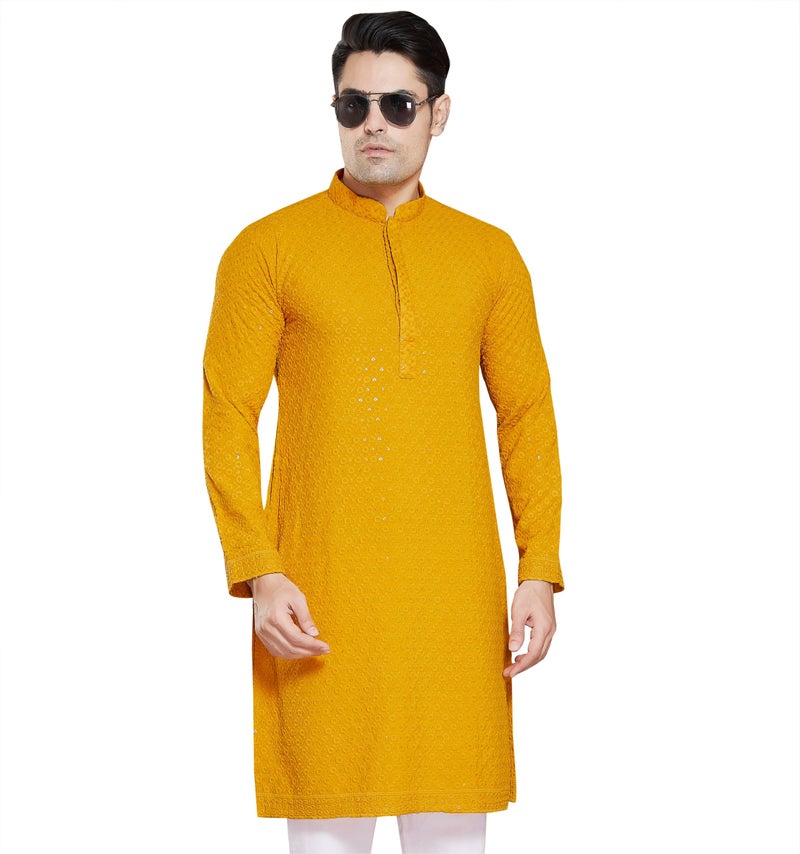 DIVISIVE Men's Sequince Embroidered Cotton Blend Only Slim Fit Kurta (DKRT11_5XL_Mustard) - Image 1