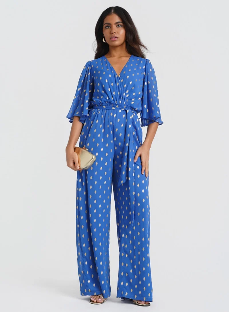 Blue Foil Angel Sleeve Jumpsuit