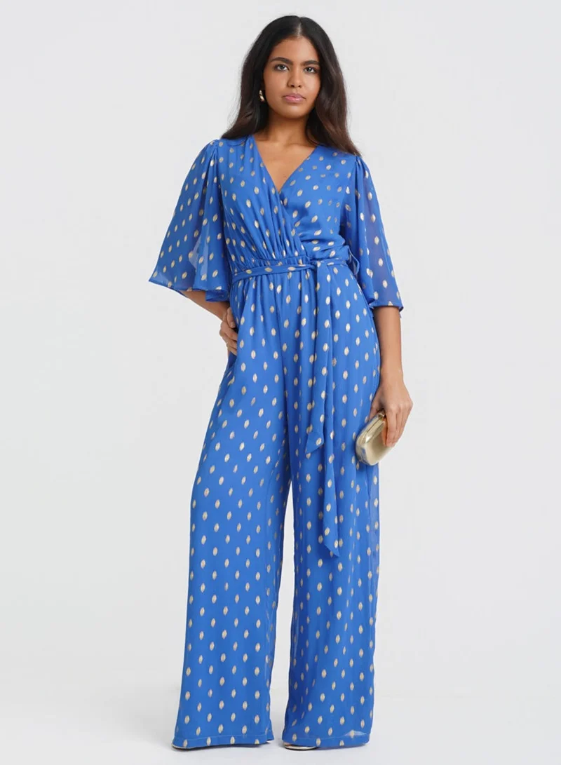 Needs No Label  Blue Foil Angel Sleeve Jumpsuit for Women | Best Price UAE