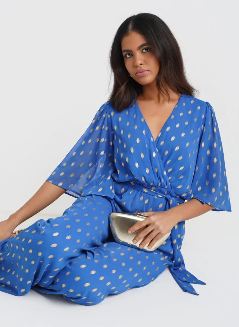 Needs No Label  Blue Foil Angel Sleeve Jumpsuit for Women | Best Price UAE