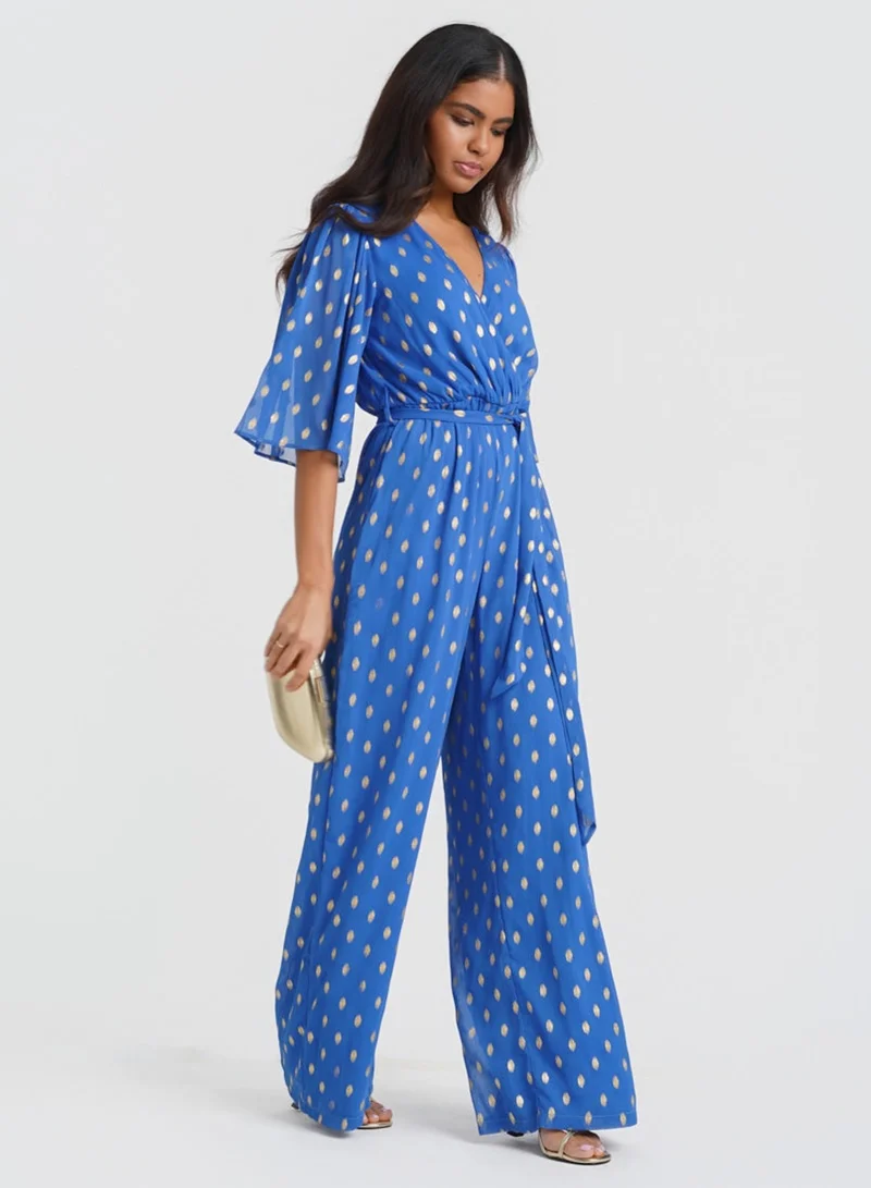 Needs No Label  Blue Foil Angel Sleeve Jumpsuit for Women | Best Price UAE