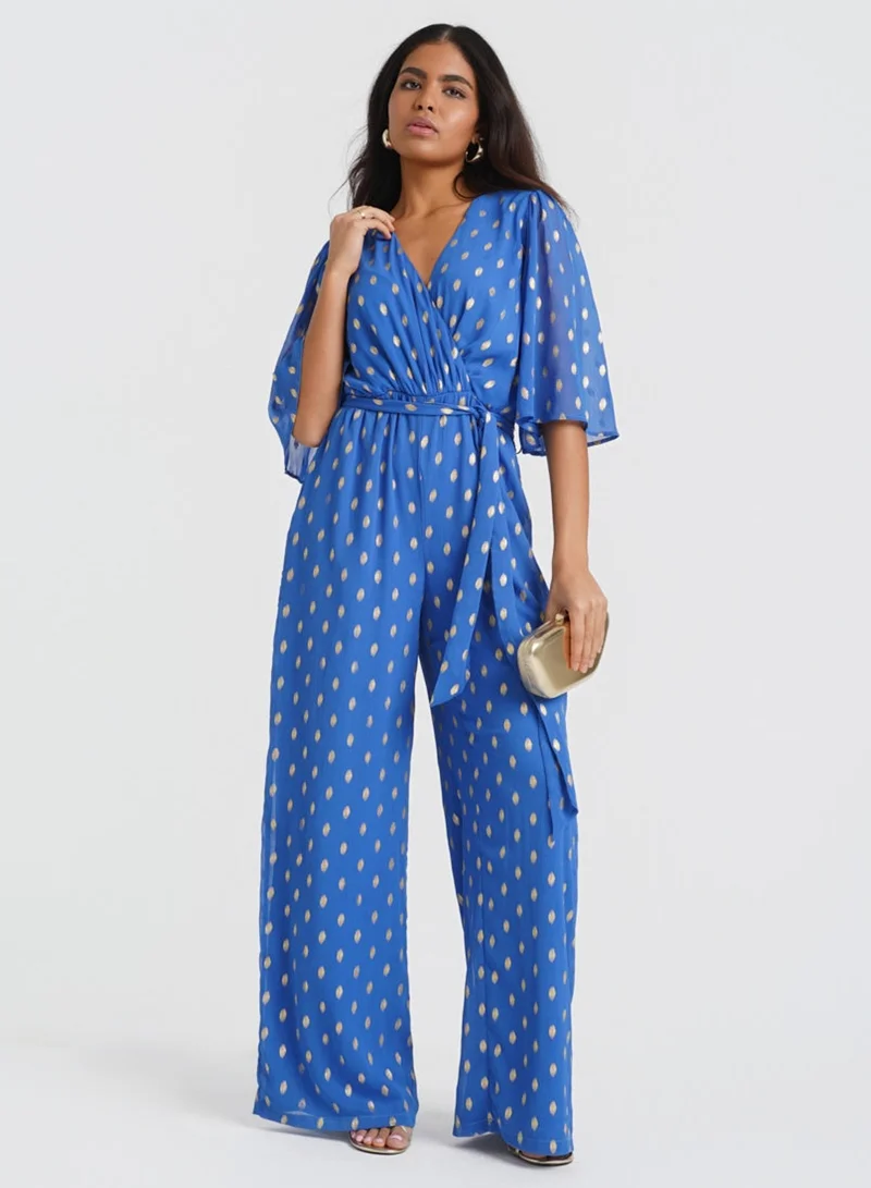 Needs No Label  Blue Foil Angel Sleeve Jumpsuit for Women | Best Price UAE