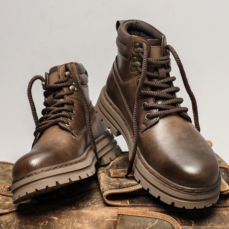 American Retro Boots Men'S Brown High-Top Winter Fleece-Lined Yamada British Style Women'S Workwear Mountaineering Genuine Leather Boots - Image 4