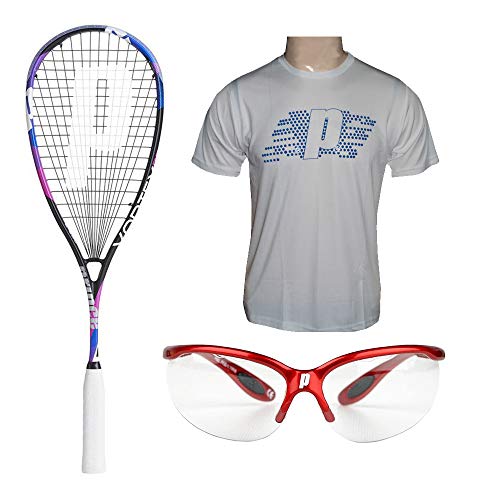 PRINCE 19 SQ Vortex Pro 650 Squash Racket with Round Neck Tshirt White Size XS and SQ Eyewear Prolite II Metal RED - Image 5