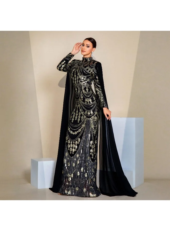 Madam Uniq Glamorous Black Sequin Mermaid Gown, High - Neck & Cape Sleeves, Formal Evening Dress