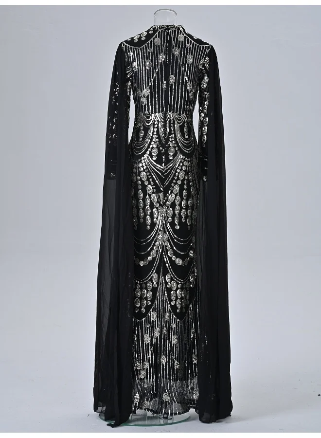 Madam Uniq Glamorous Black Sequin Mermaid Gown, High - Neck & Cape Sleeves, Formal Evening Dress
