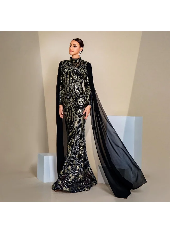 Madam Uniq Glamorous Black Sequin Mermaid Gown, High - Neck & Cape Sleeves, Formal Evening Dress