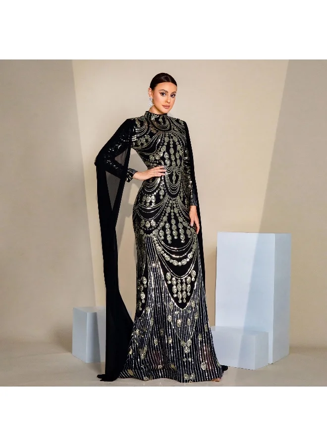 Madam Uniq Glamorous Black Sequin Mermaid Gown, High - Neck & Cape Sleeves, Formal Evening Dress