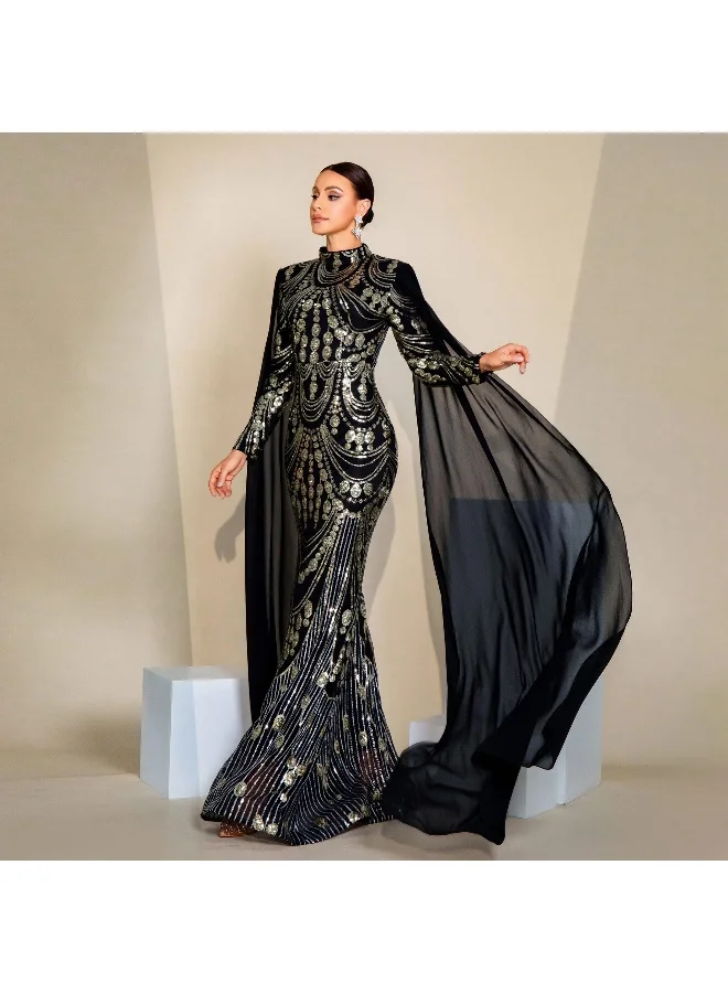 Madam Uniq Glamorous Black Sequin Mermaid Gown, High - Neck & Cape Sleeves, Formal Evening Dress