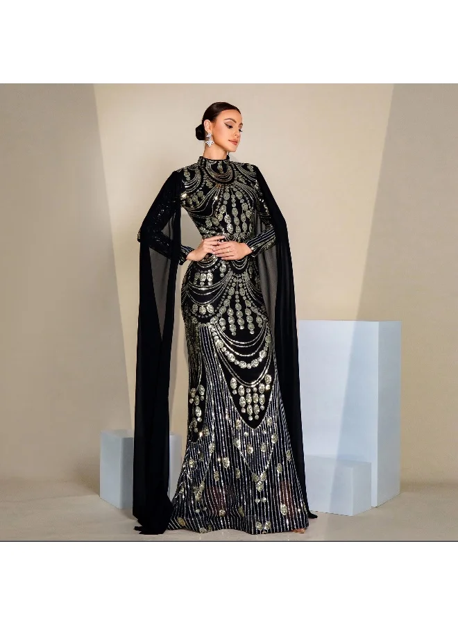 Madam Uniq Glamorous Black Sequin Mermaid Gown, High - Neck & Cape Sleeves, Formal Evening Dress