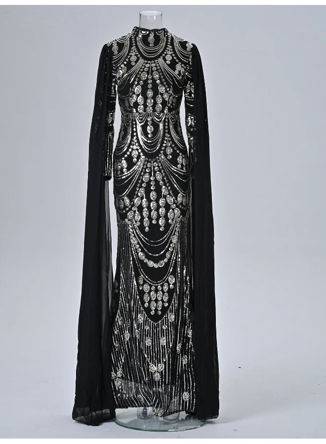 Madam Uniq Glamorous Black Sequin Mermaid Gown, High - Neck & Cape Sleeves, Formal Evening Dress