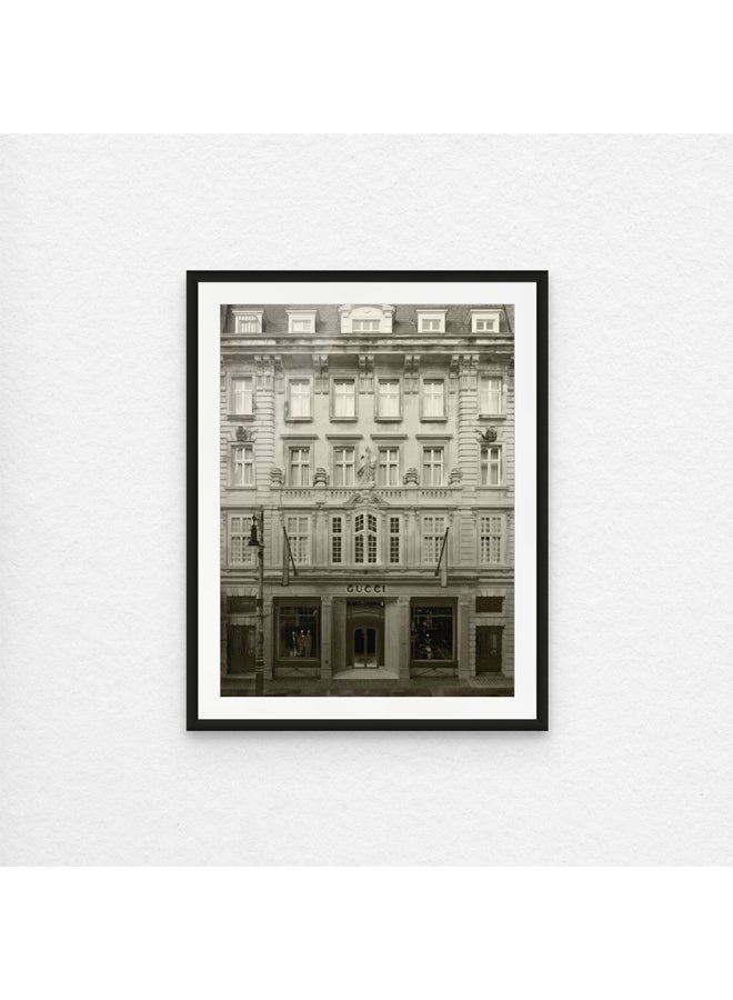 Art Decor Framed Fine Art Portrait Print of Luxury Boutique Gucci Storefront Wall Art Vintage Architecture Photography European Building Illustration Fashion-Inspired Wall Décor and Gifting - Image 1