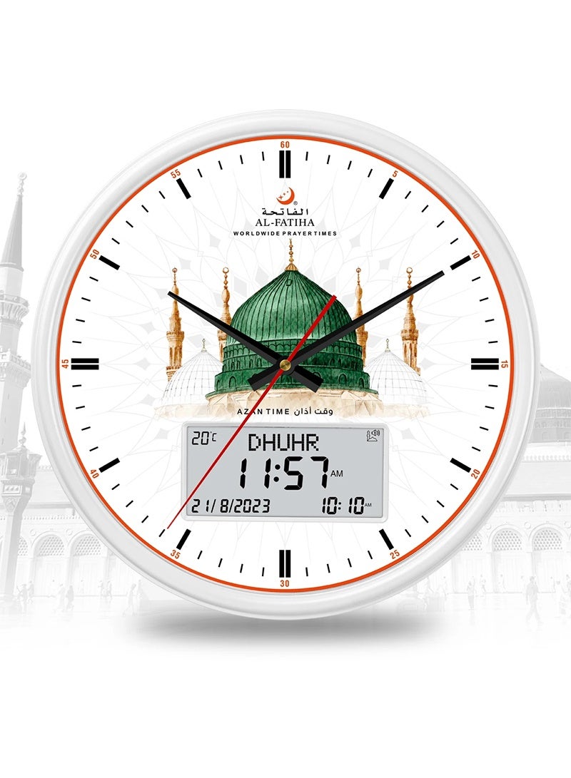 ساعة أذان إسلامية جديدة عالية الجودة، موديل 2026، رقمية-تناظرية، تقويم هجري، ساعة أذان صلاة، ساعة حائط مسجد بيضاء.