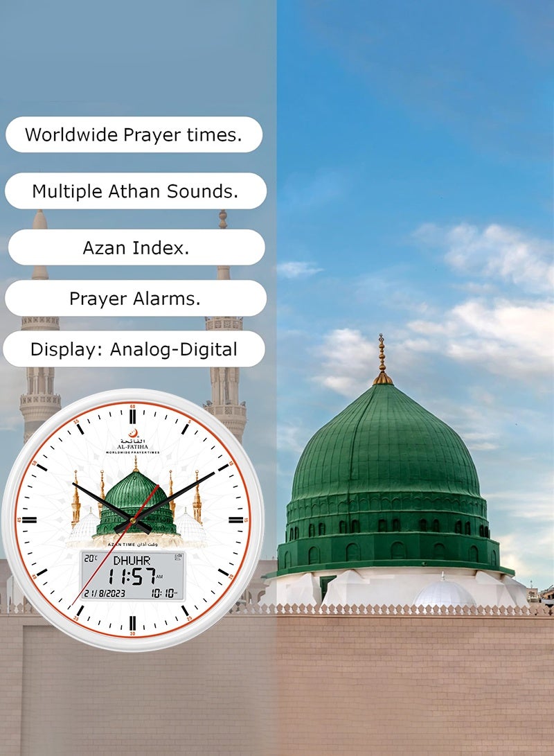 الفاتحة ساعة أذان إسلامية جديدة عالية الجودة، موديل 2025، رقمية-تناظرية، تقويم هجري، ساعة أذان صلاة، ساعة حائط مسجد بيضاء. - Image 2