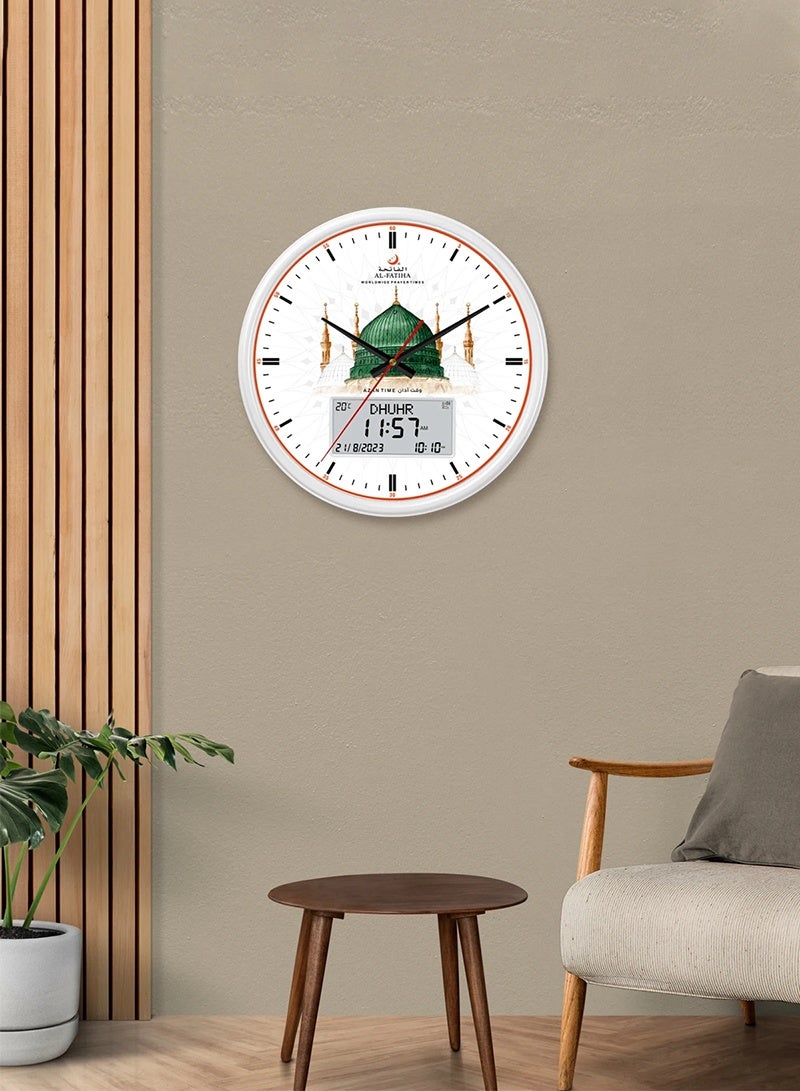 الفاتحة ساعة أذان إسلامية جديدة عالية الجودة، موديل 2025، رقمية-تناظرية، تقويم هجري، ساعة أذان صلاة، ساعة حائط مسجد بيضاء. - Image 5