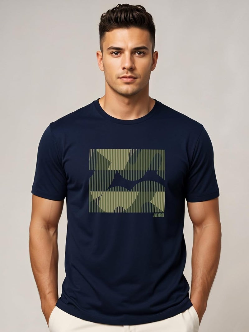 ADRO Men's Regular Fit T-Shirt - Abstract Camo Lines Design in Navy Blue - Image 2