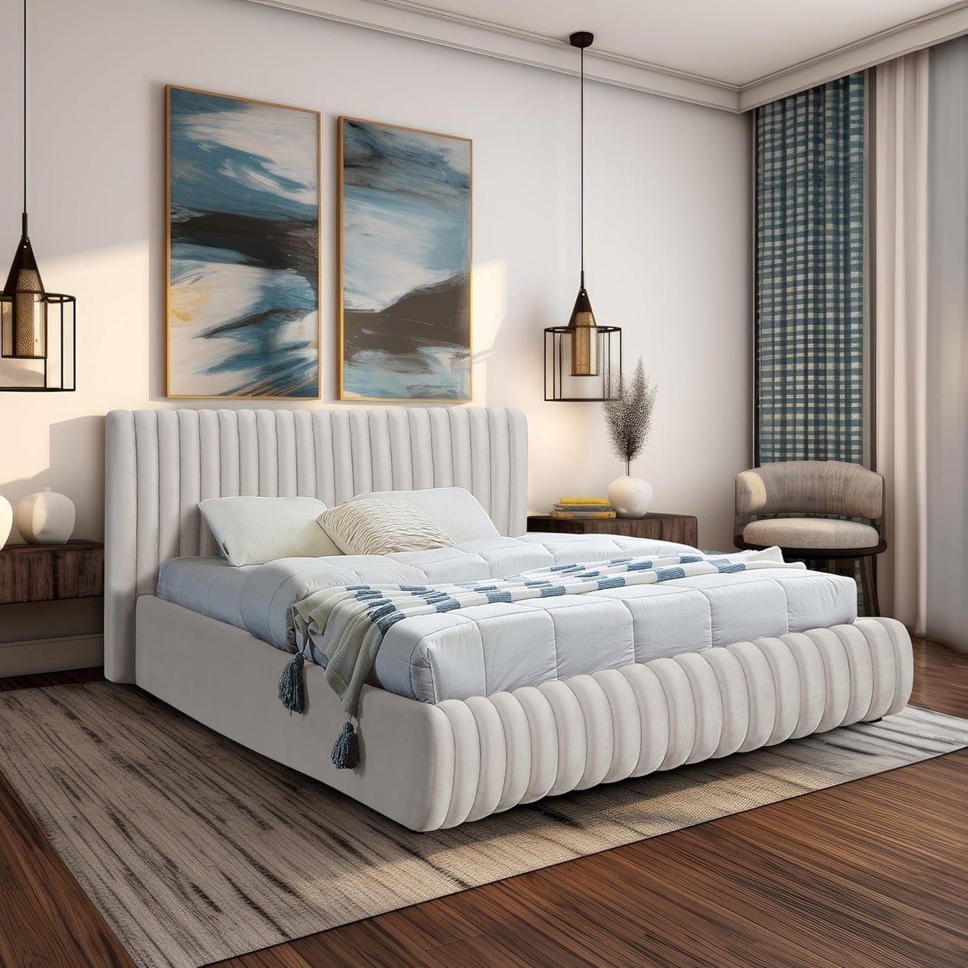 Poppins HOME Luxury Italian Velvet Upholstered Bed Frame with Vertical Channel Headboard - Modern Designer Bed (White, 200x200cm)
