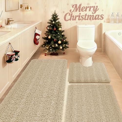 ACCUMTEK Striped Beige Bathroom Rug Set 3 Pieces Ultra Soft, Non Slip Chenille Toilet Mat, Absorbent Plush Shaggy Bath Mats for Bathroom, Bedroom, Kitchen - Image 1
