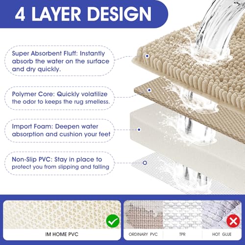 ACCUMTEK Striped Beige Bathroom Rug Set 3 Pieces Ultra Soft, Non Slip Chenille Toilet Mat, Absorbent Plush Shaggy Bath Mats for Bathroom, Bedroom, Kitchen - Image 3