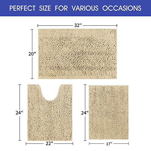 ACCUMTEK Striped Beige Bathroom Rug Set 3 Pieces Ultra Soft, Non Slip Chenille Toilet Mat, Absorbent Plush Shaggy Bath Mats for Bathroom, Bedroom, Kitchen - Image 5
