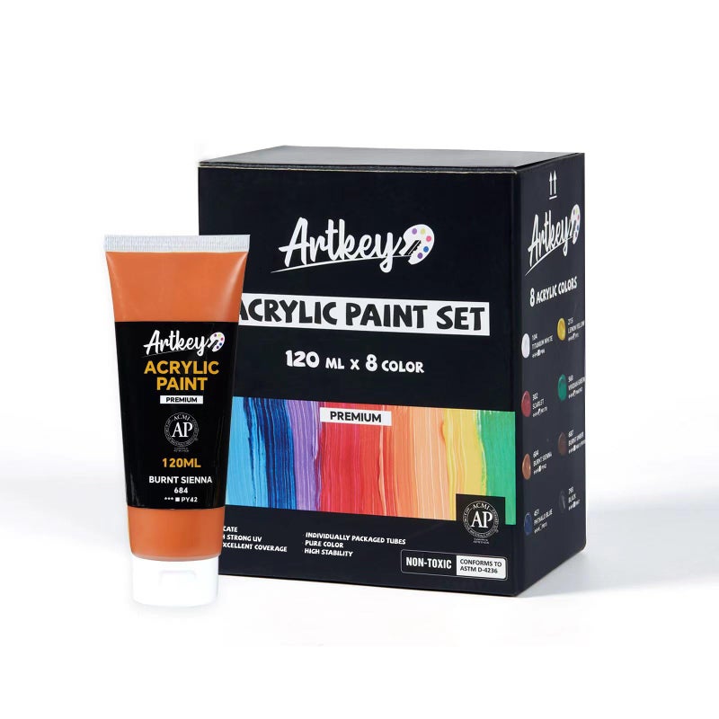 Artkey Acrylic Paint Set 8 Colors 120 ml406 oz Tubes Rich Vibrant Pigments Professional Artists Acrylic Paints Art Supplies for Canvas Wood Rock Clay Fabric Ceramics Art Crafts Painting - Image 2