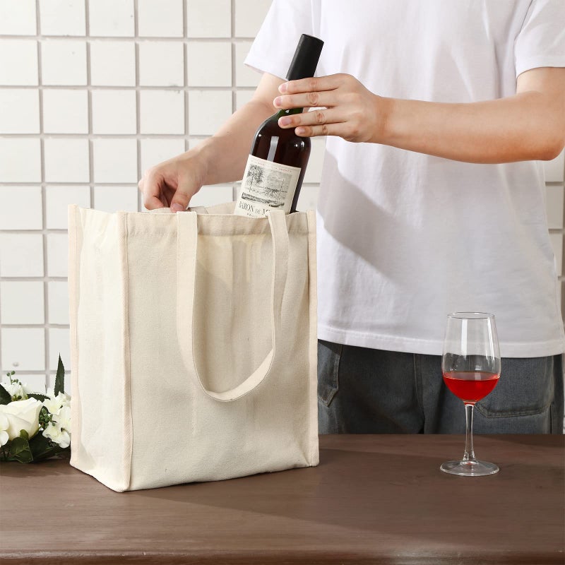 Berlune 3 Pcs Reusable 6 Bottle Wine Tote Bag with Divider Canvas Washable Portable Wine Carrier Tote Sturdy Bag for Grocery Bottle Carrier Holder for Travel Camping Picnic - Image 4
