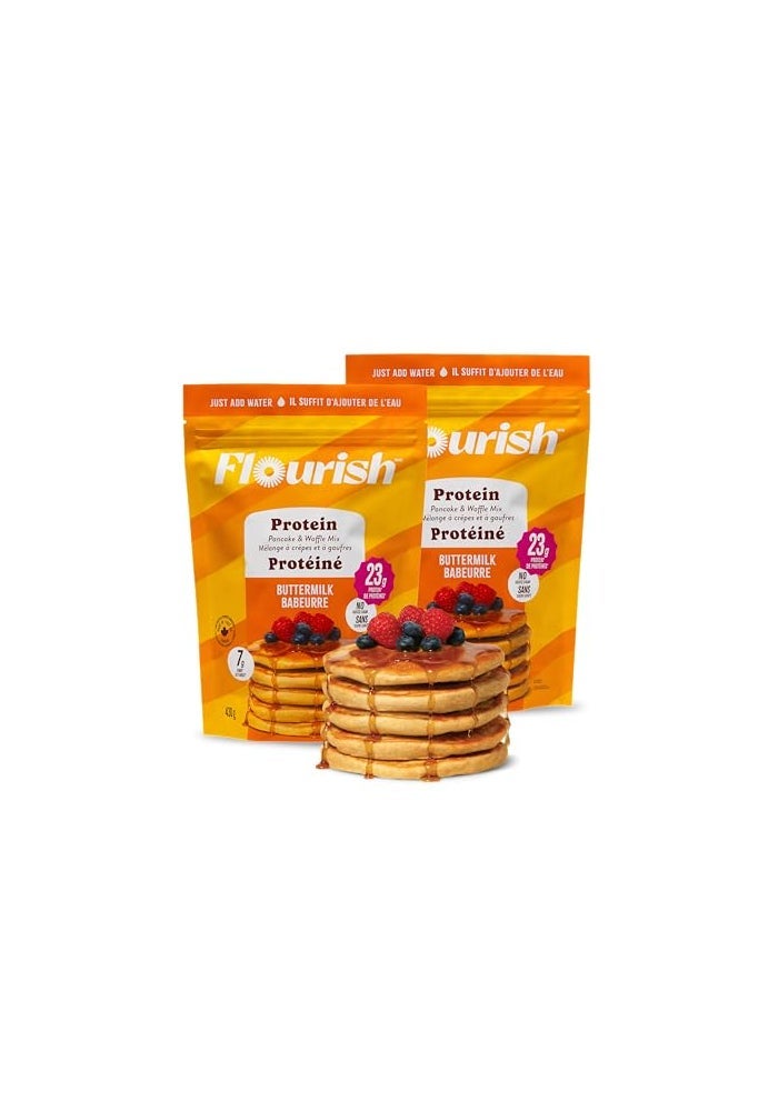 Flourish Protein Pancake  Waffle Mix with Whey Protein  Flax Seed No Added Sugar High in Protein  Fiber  Just Add Water  Buttermilk Flavour 16 oz 2 Pack - Image 1