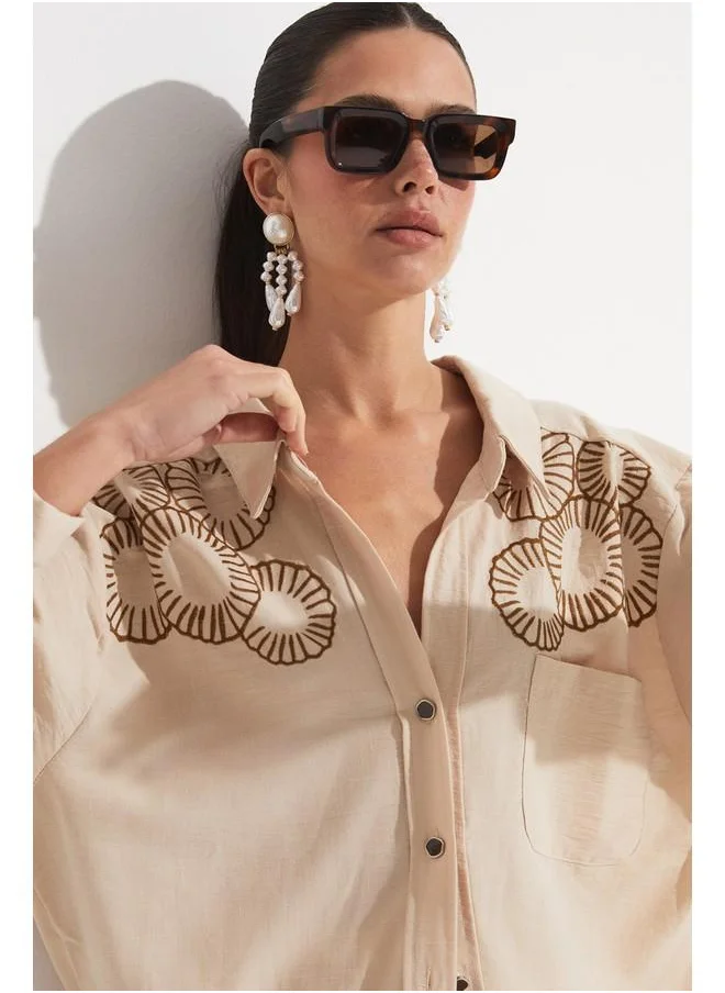 جون June Loose Fit Embroidery Detailed Shirt Stone