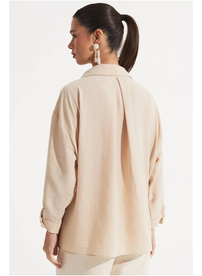 جون June Loose Fit Embroidery Detailed Shirt Stone