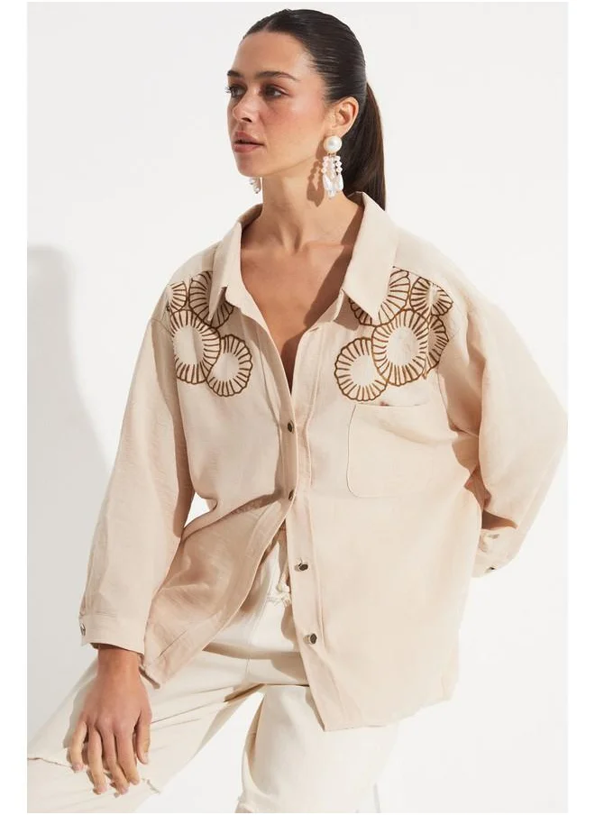 جون June Loose Fit Embroidery Detailed Shirt Stone