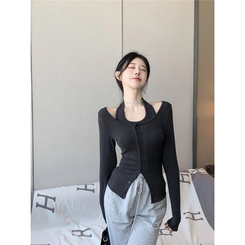 Pure Sweet Spice Girl Hanging Neck T-shirt Women's Base Shirt Women's Inner Design Niche Special Fake Two-piece Top Spring - Image 5