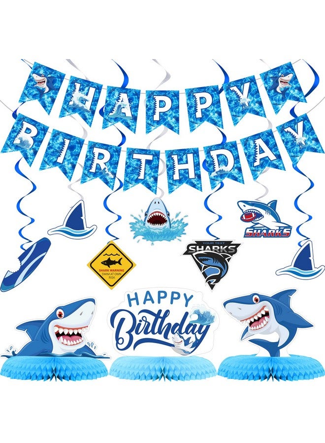 Fainne 28 Pieces Shark Party Supplies Set Includes 12 Hanging Swirls Shark Happy Birthday Banner 12 Hanging Cutouts 3 Birthday Honeycomb Centerpiece for Party Decorations - Image 1