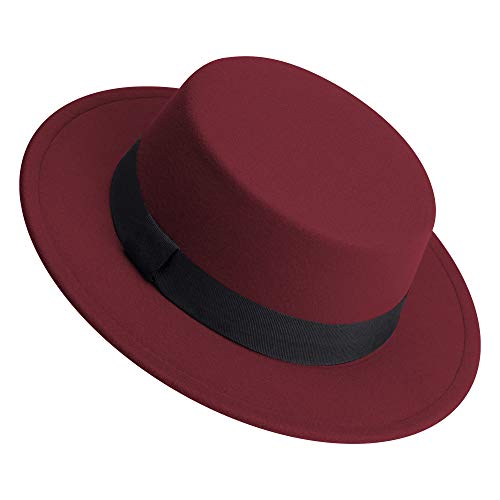 JINGSHA Classic Fedora Hat Flat Top Hat Felt Pork Pie Hat Wide Brim Church Derby Cap for Women and Men Wine Red - Image 1