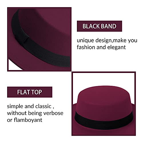 JINGSHA Classic Fedora Hat Flat Top Hat Felt Pork Pie Hat Wide Brim Church Derby Cap for Women and Men Wine Red - Image 3