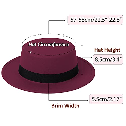 JINGSHA Classic Fedora Hat Flat Top Hat Felt Pork Pie Hat Wide Brim Church Derby Cap for Women and Men Wine Red - Image 2