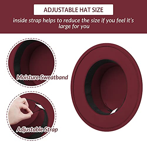 JINGSHA Classic Fedora Hat Flat Top Hat Felt Pork Pie Hat Wide Brim Church Derby Cap for Women and Men Wine Red - Image 4