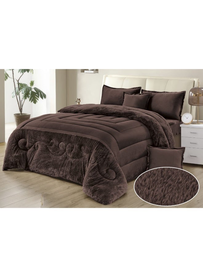 مون طقم مفارش يتكون من 6 قطع - 1 مفرش شتوي نفرين نظام وجهين وجه مخمل وجه فرو صناعي + 1 شرشف + 2 أكياس مخدة + 2 أكياس وسادة مربعة - مقاس المفرش 230X250 سم - Image 1