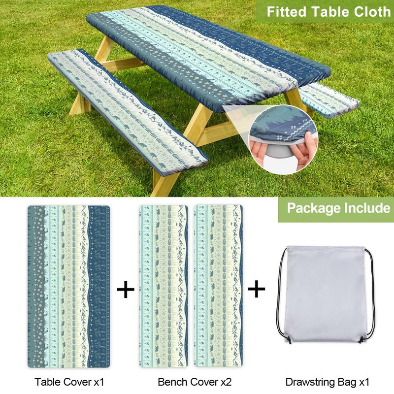 Play Tailor Picnic Table Cover with Bench Covers Camping Essentials Waterproof Windproof Camping Tablecloth with Drawstring Bag, Fitted Rectangle Tables and Seats, 72in, Bohemian - Image 4
