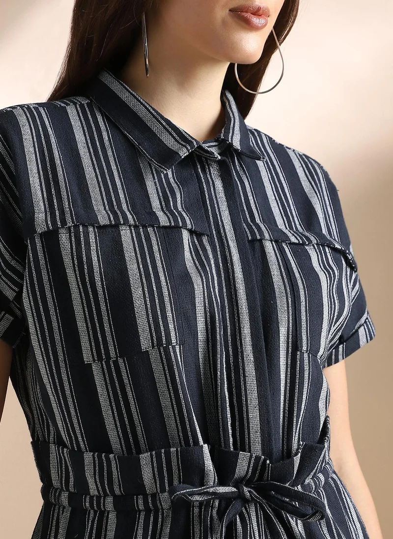 globus Globus Women Navy Blue Striped Extended Sleeves Collared Neck Waist Tie-Ups Wide Leg Jumpsuit