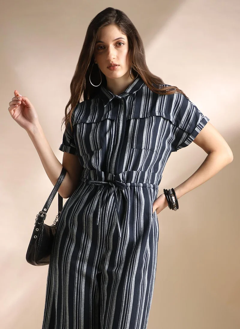 globus Globus Women Navy Blue Striped Extended Sleeves Collared Neck Waist Tie-Ups Wide Leg Jumpsuit