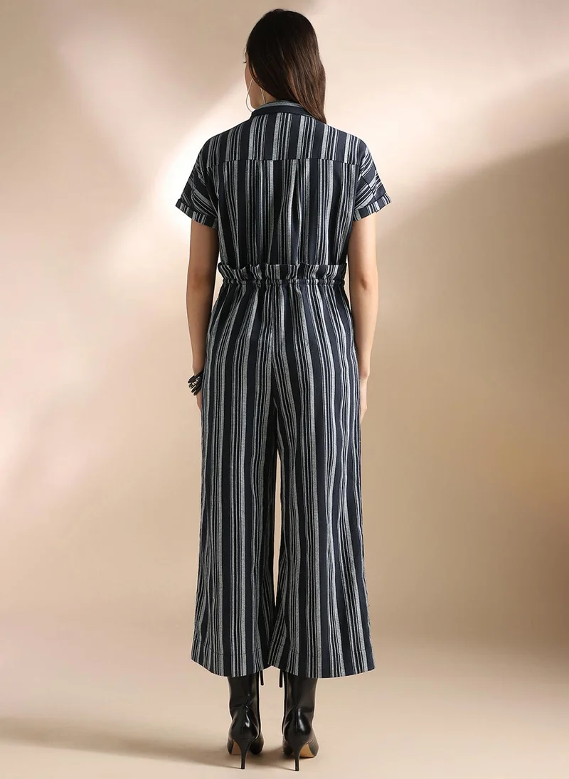globus Globus Women Navy Blue Striped Extended Sleeves Collared Neck Waist Tie-Ups Wide Leg Jumpsuit