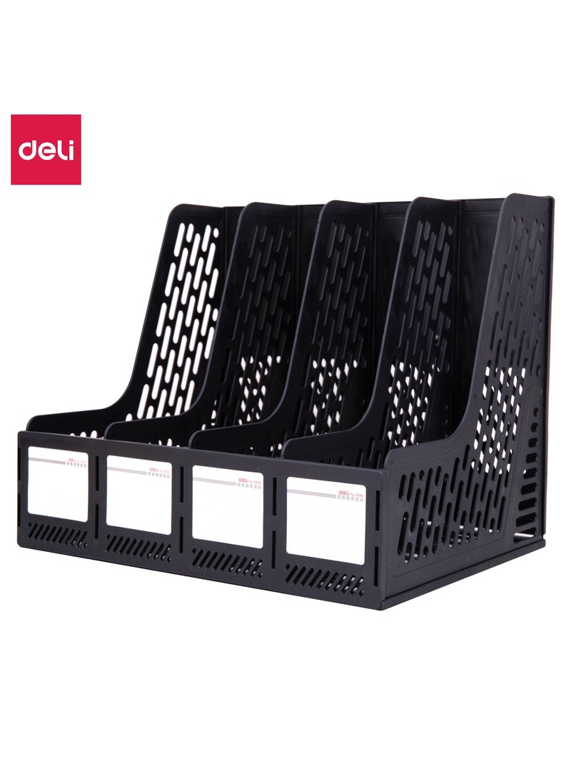 Deli Deli E9846 Magazine Holder, 4 Compartments, Durable PP Material, Black, Removable Design, Index Label for Organization, Office & Home Storage, 1PCS/OPP Bag - Image 1