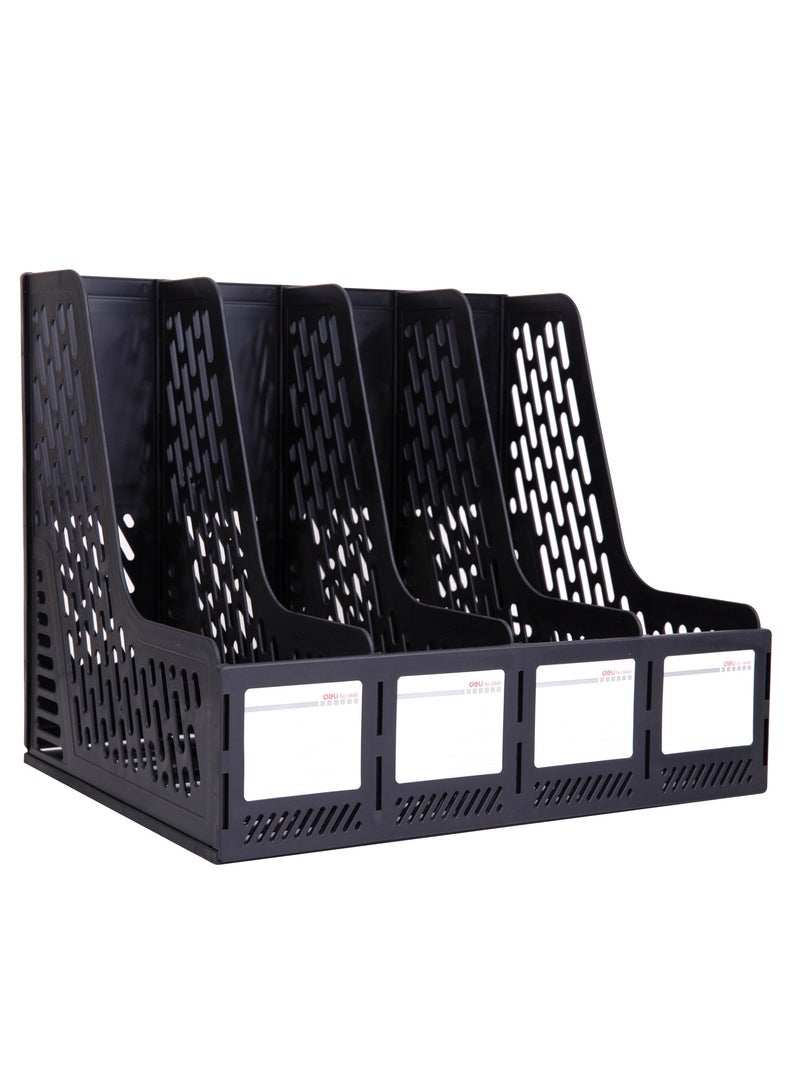Deli Deli E9846 Magazine Holder, 4 Compartments, Durable PP Material, Black, Removable Design, Index Label for Organization, Office & Home Storage, 1PCS/OPP Bag - Image 2