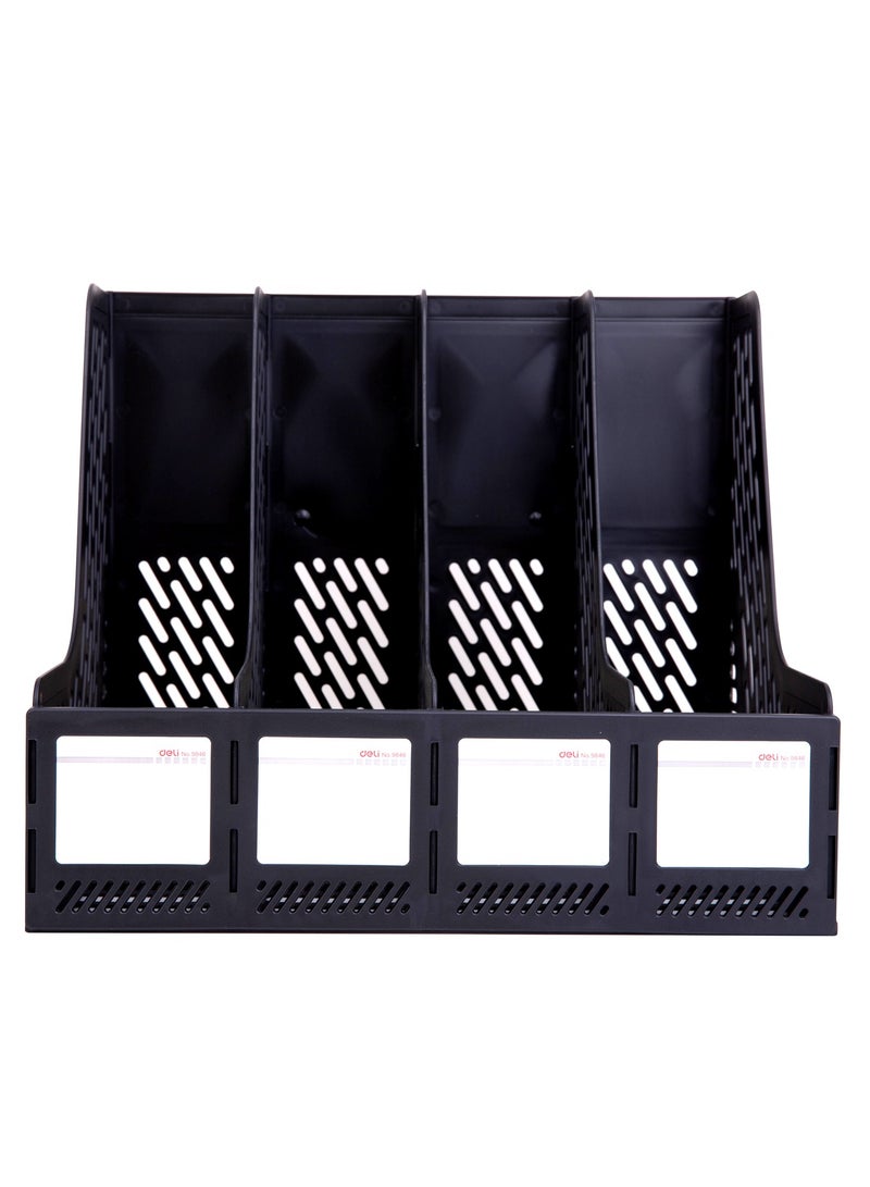 Deli Deli E9846 Magazine Holder, 4 Compartments, Durable PP Material, Black, Removable Design, Index Label for Organization, Office & Home Storage, 1PCS/OPP Bag - Image 3