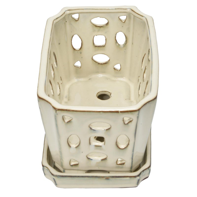 w w W&W Orchid Pot with Holes and Saucer for Repotting, Cream White, 9.7 Inch - Image 3