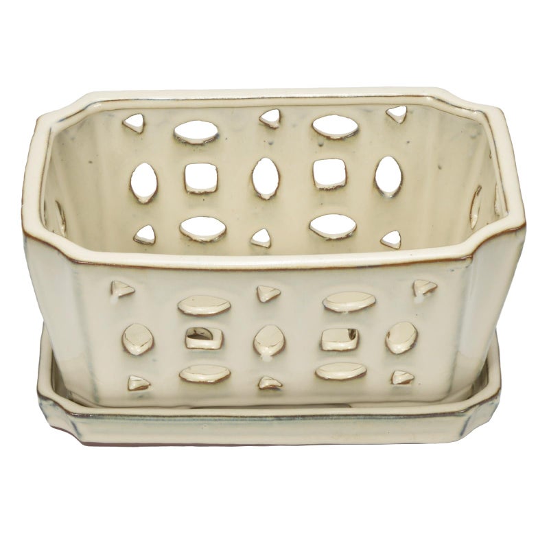 w w W&W Orchid Pot with Holes and Saucer for Repotting, Cream White, 9.7 Inch - Image 2