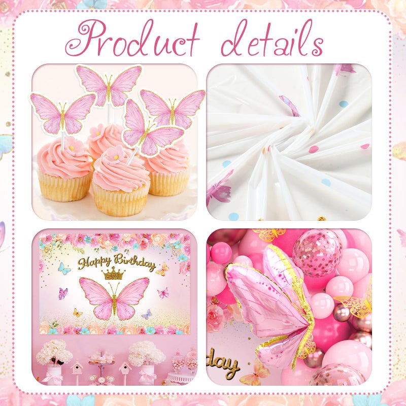 FengRise Pink Balloon Arch Kit with Foil Butterfly Balloons, Happy Birthday Backdrop & Tablecloth Decorations for Girl's Party - 106 Supplies - Image 3