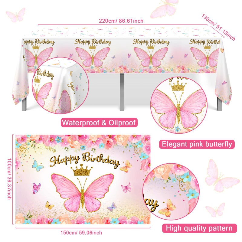 FengRise Pink Balloon Arch Kit with Foil Butterfly Balloons, Happy Birthday Backdrop & Tablecloth Decorations for Girl's Party - 106 Supplies - Image 5