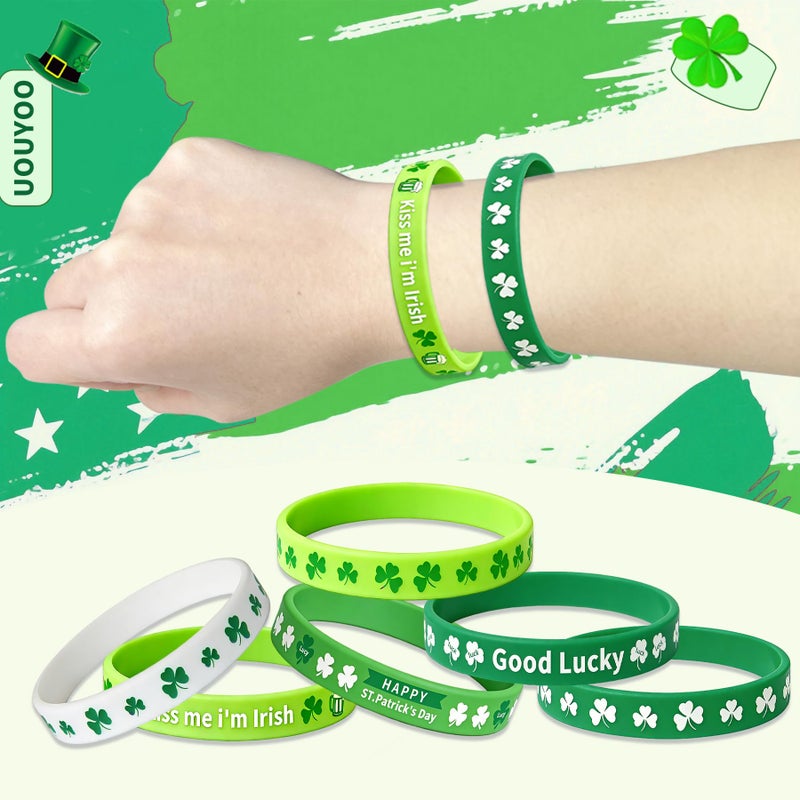 UOUYOO St. Patrick's Day Decorations Silicone Bracelet 12Pcs Green Shamrock Rubber Wristbands st patricks day accessories - Image 3