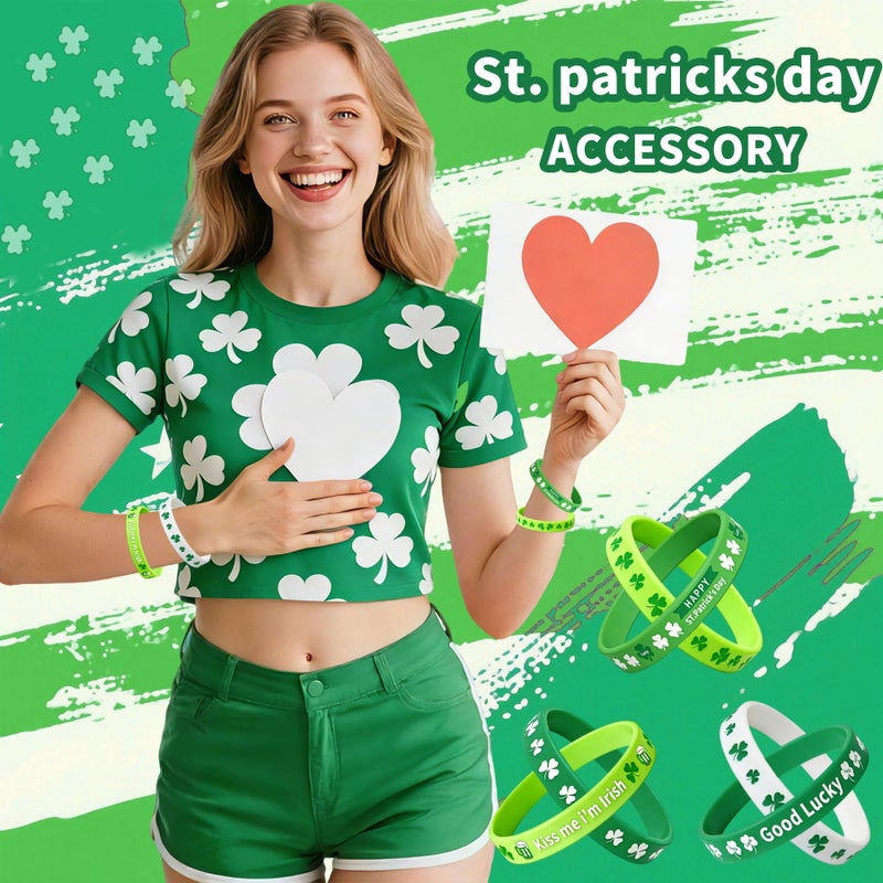 UOUYOO St. Patrick's Day Decorations Silicone Bracelet 12Pcs Green Shamrock Rubber Wristbands st patricks day accessories - Image 5